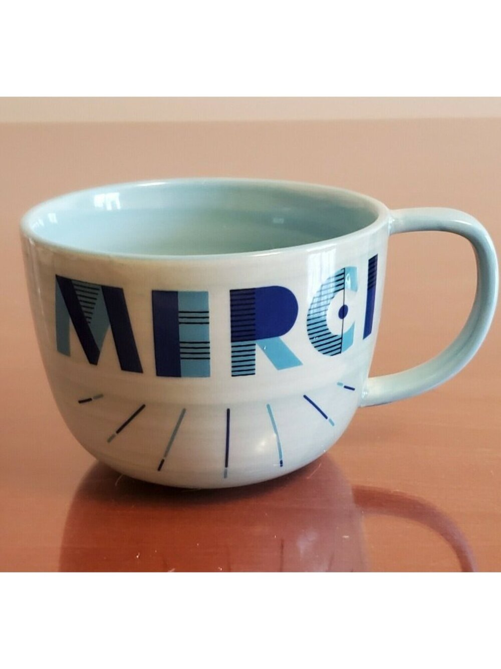 ANTHROPOLOGIE Merci Coffee Mug Cup Blue French Typographic Typography New